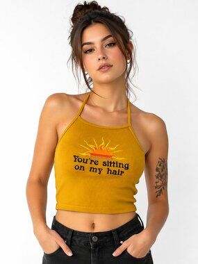 Current Mood Mustard Halter Crop Top  Embroidered